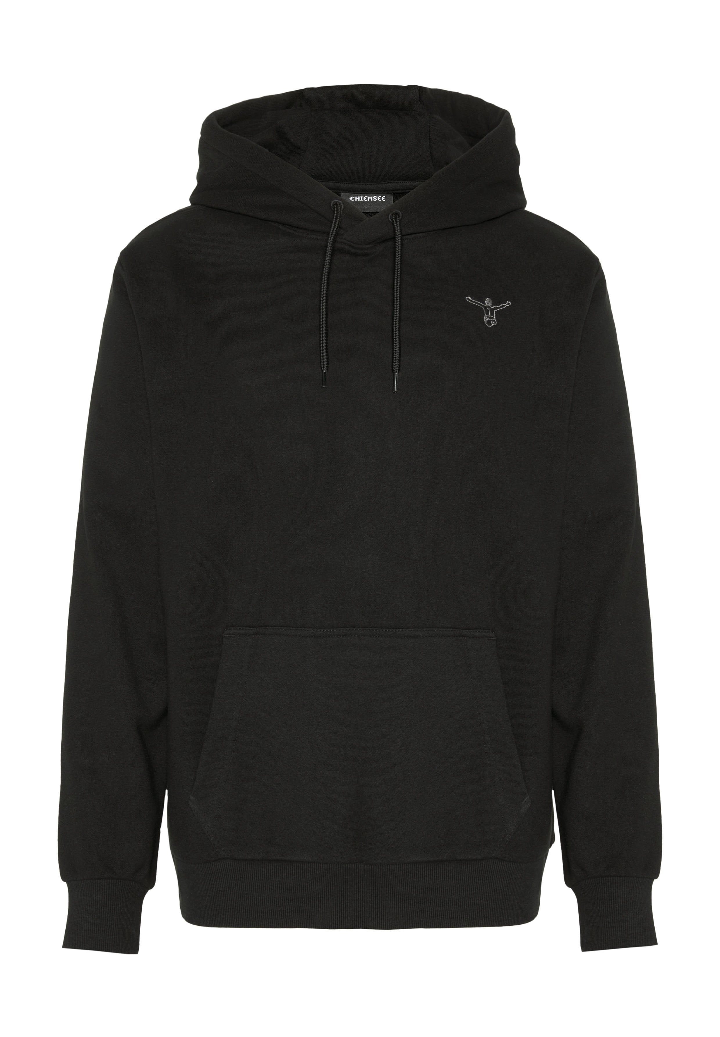 Schwarzer Kapuzenpullover mit Fronttasche, Kordelzug und kleinem gesticktem Logo auf der linken Brust.