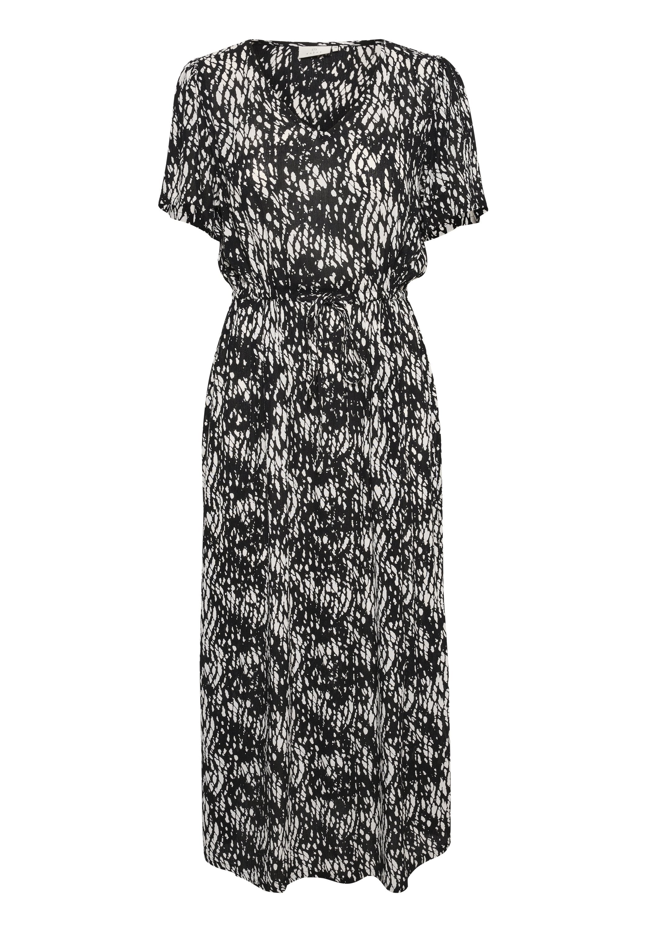 Schwarzes und weißes gemustertes Kleid mit kurzen Ärmeln, rundem Ausschnitt, taillierter Taille und fließendem Design. Leichter Stoff mit strukturiertem Aussehen.