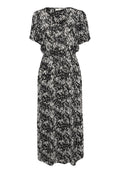 Schwarzes und weißes gemustertes Kleid mit kurzen Ärmeln, rundem Ausschnitt, taillierter Taille und fließendem Design. Leichter Stoff mit strukturiertem Aussehen.