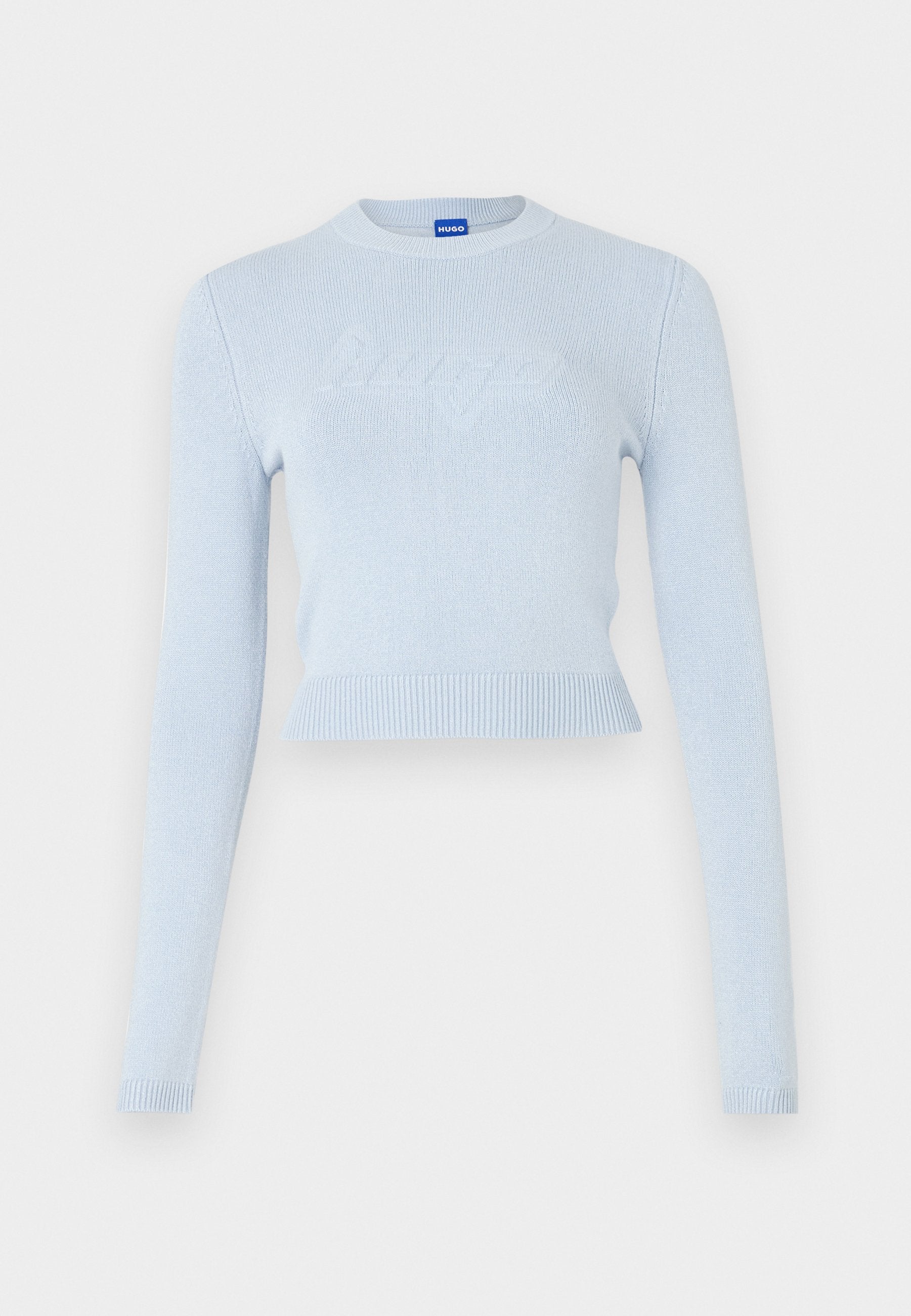 Himmelblaues, kurzes Sweatshirt mit langen Ärmeln. Es hat einen gerippten Ausschnitt und Saum sowie ein dezentes, strukturiertes Logo auf der Vorderseite.