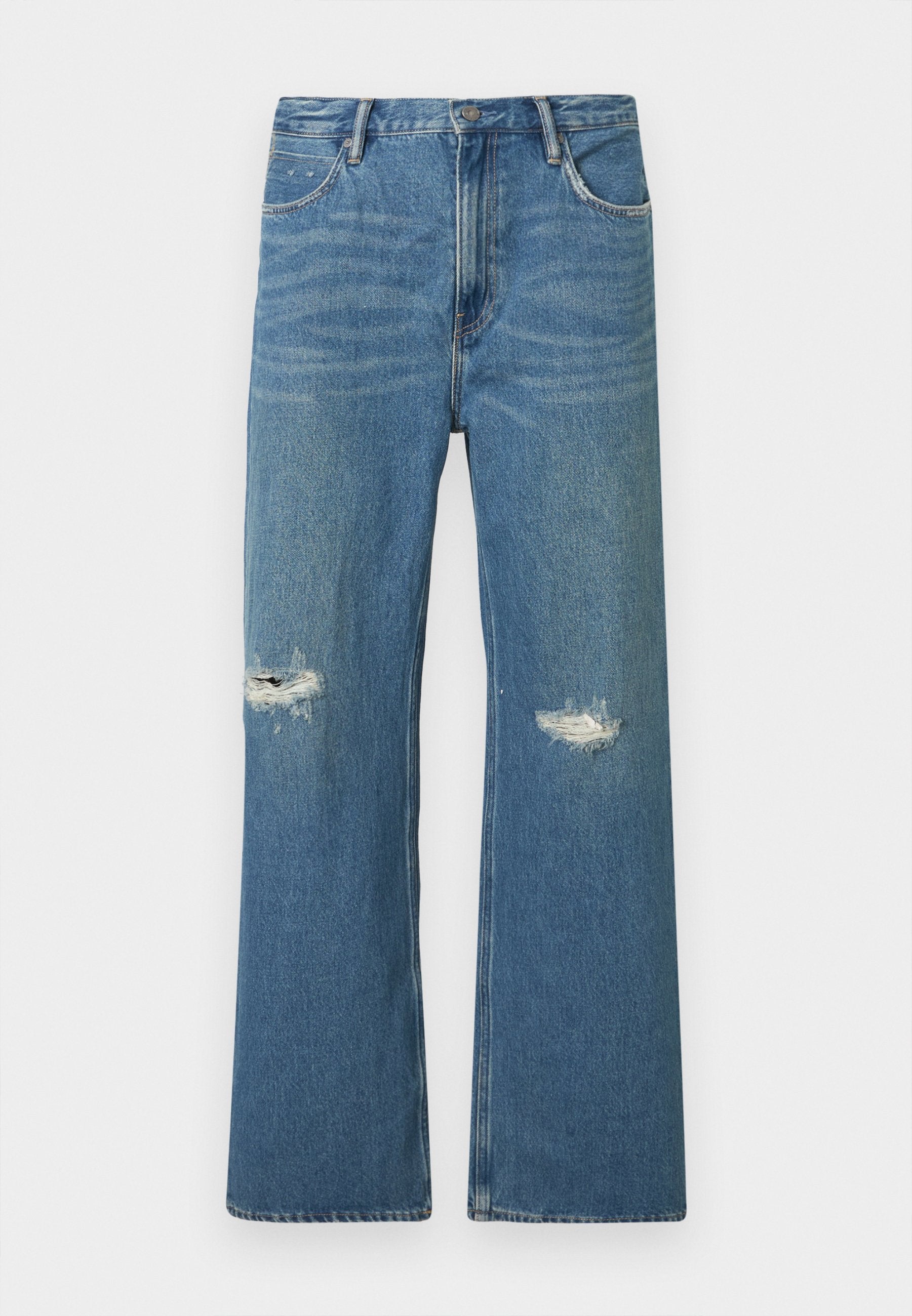 Hellblaue Jeans aus Denim mit lässiger Passform, verziert mit abgenutzten Knietaschen, Fünf-Taschen-Design und geradem Beinabschnitt.