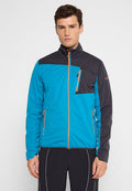 Isolierte Jacke mit einem türkisfarbenen Körper und schwarzen Ärmeln. Verfügt über orangefarbene Reißverschlüsse, eine zipbare Brusttasche und ein hohes Kragen-Design.