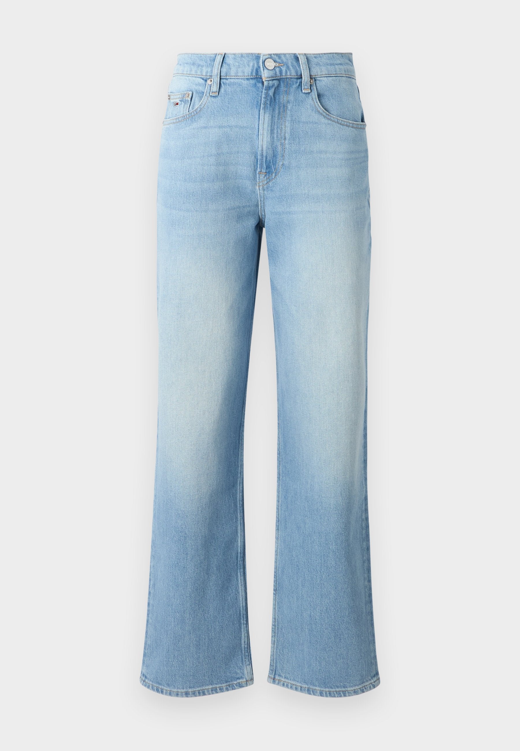 Helleblaue, hochgeschnittene Jeans mit weitem Bein. Aus Denim gefertigt, mit einem ausgeblichenen Waschung und klassischem Fünf-Taschen-Design.