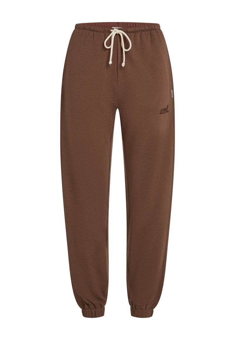Braune Sweatpants aus weichem Material, mit einem elastischen Taillenbund und Kordelzug, schmal zulaufenden Beinen und einem Logoakzent an der Seite.