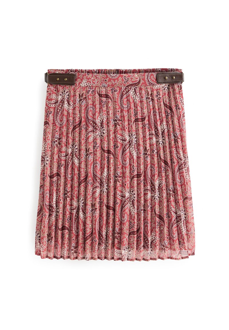 Faltrock mit einem roten Paisleymuster und beigen sowie dunkelbraunen Akzenten. Verfügt über einen elastischen Bund und ein lederähnliches Gürtel detail.