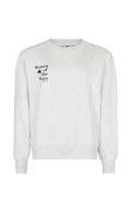 Hellgrauer Sweatshirt mit Rundhalsausschnitt, langen Ärmeln und einem schwarzen Grafikdruck mit der Aufschrift "Women of the Wave" auf der Vorderseite. Weicher Stoff.