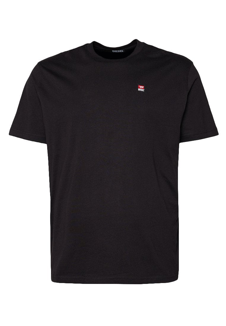 Schwarzes Baumwoll-T-Shirt mit Rundhalsausschnitt, kurzen Ärmeln und einem kleinen roten Diesel-Logo auf der linken Brust. Leicht und schlicht im Design.