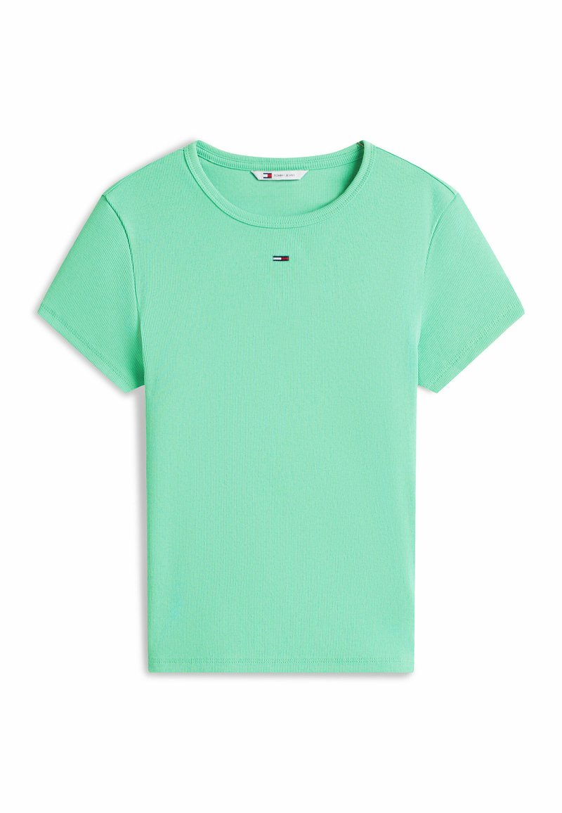 Mintgrünes kurzärmeliges Ripp-Baumwoll-T-Shirt mit rundem Halsausschnitt und kleinem Tommy Hilfiger-Logo zentriert unter dem Kragen.