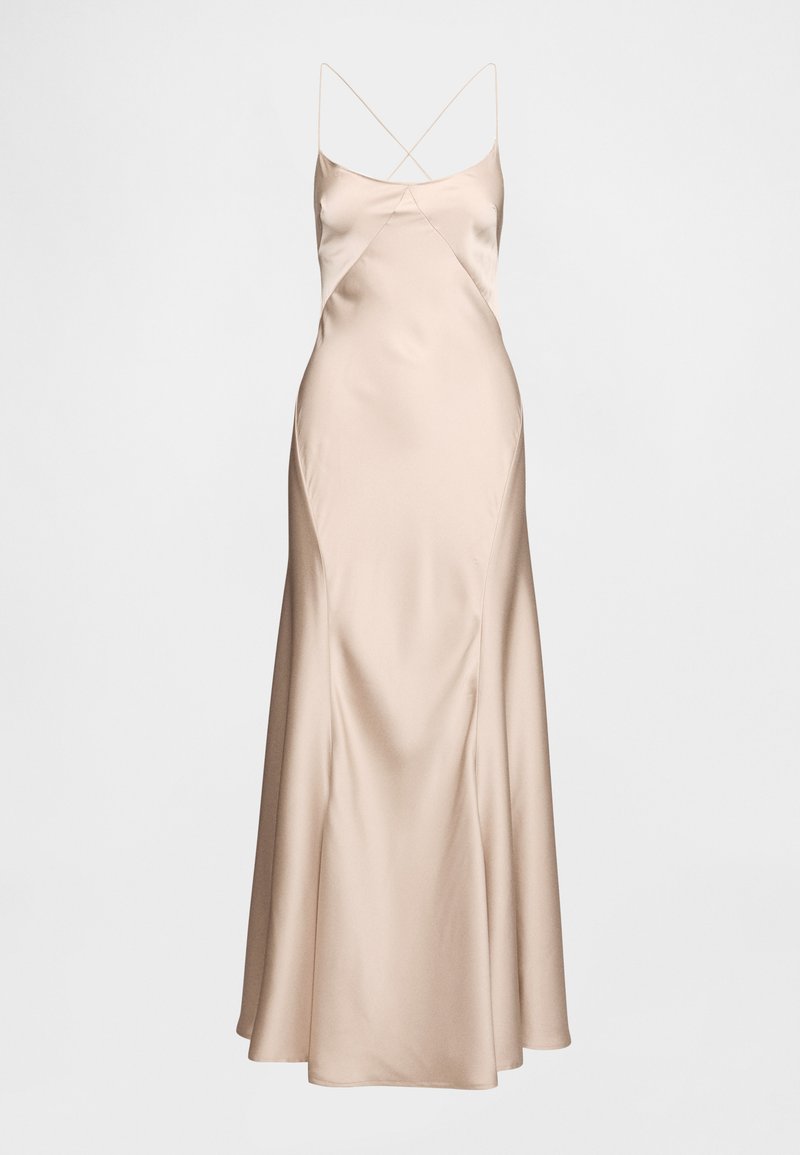 Abendkleid aus Satin in Beige mit Spaghettiträgern, ausgestattet mit einem taillierten Oberteil, einem drapierten Schnitt und einem ausgestellten Saum. Glatte Textur mit einem dezenten Schimmer.