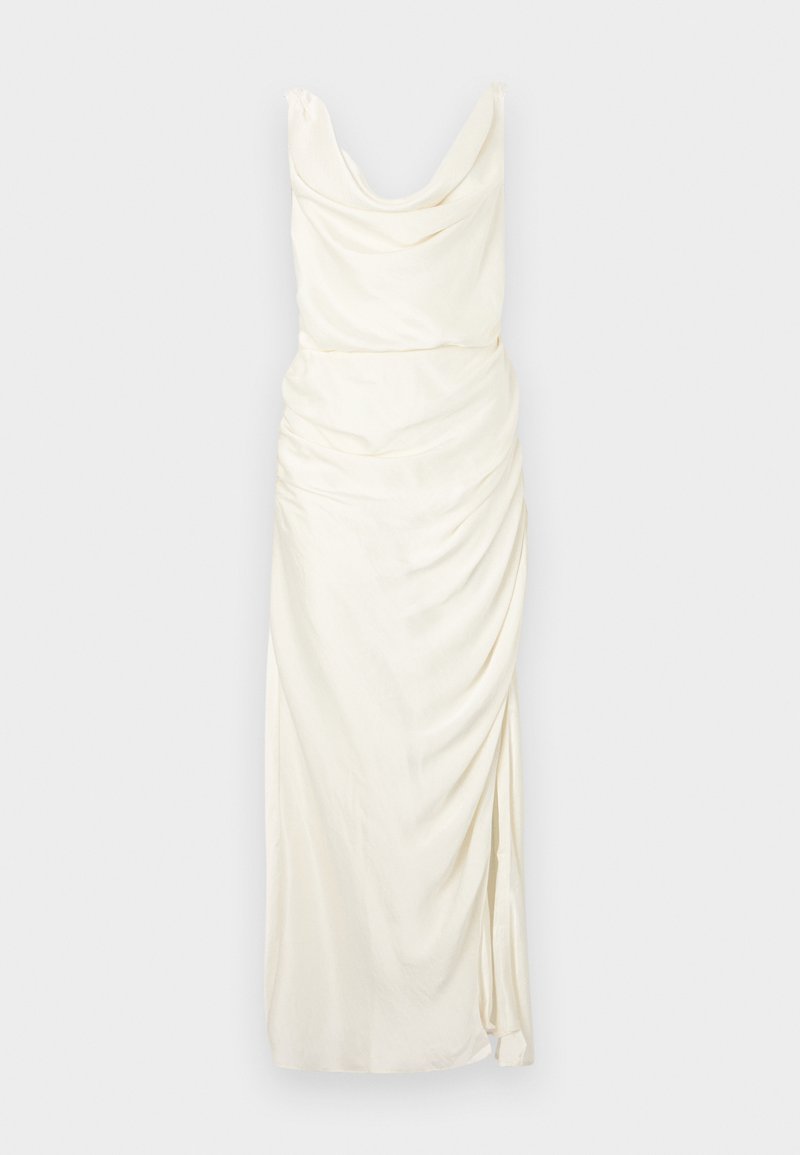 Cowl-Neck-Kleid aus cremefarbenem Stoff, mit drapierten Details, einer taillierten Silhouette und einem seitlichen Schlitz bis zur Oberschenkelhöhe.