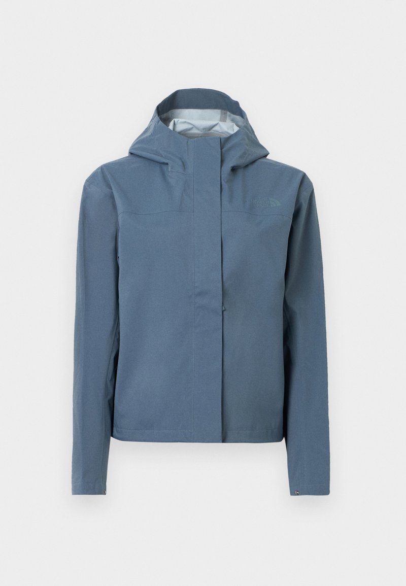 Wasserabweisende Jacke in Hellblau, mit Kapuze, durchgehendem Frontreißverschluss, zwei Brusttaschen und glatter Oberfläche. Verstärkte Nähte als Akzent.