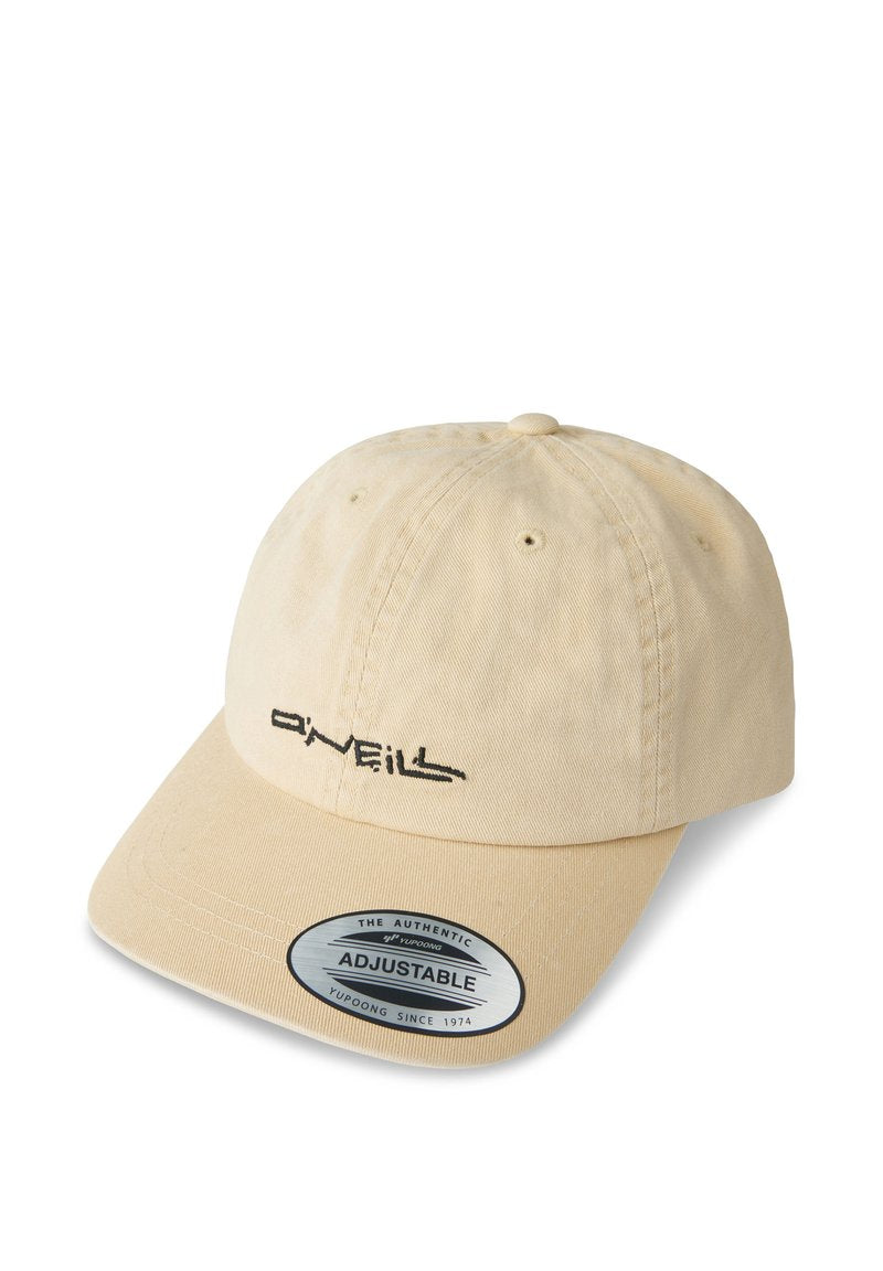 Beige verstellbare Mütze aus Baumwolle mit gebogenem Schirm und schwarzem "O'Neill"-Logo auf der Vorderseite. Verfügt über ein Markenschild am Schirm.