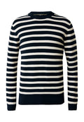 Gestreiftes Sweater in Marineblau und Weiß mit langen Ärmeln, Rundhalsausschnitt, strukturiertem Strickstoff und figurbetontem Saum.