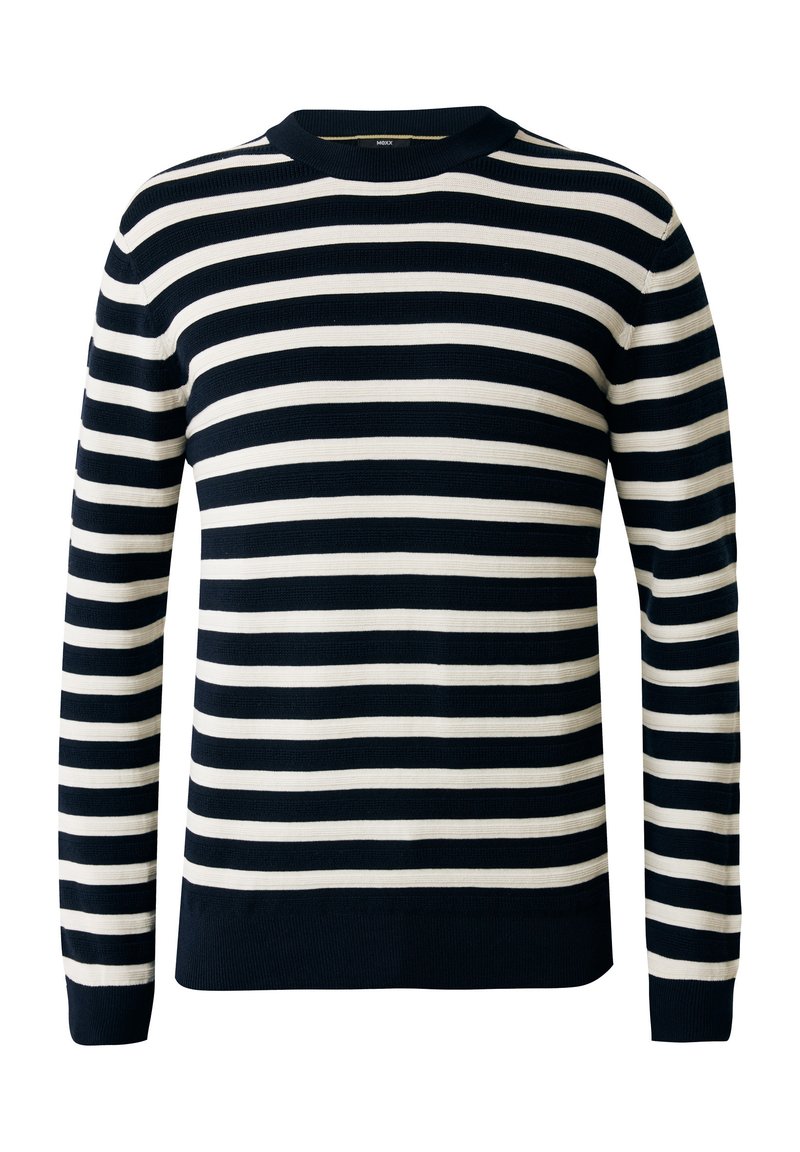 Gestreiftes Sweater in Marineblau und Weiß mit langen Ärmeln, Rundhalsausschnitt, strukturiertem Strickstoff und figurbetontem Saum.
