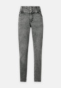 Hoch taillierte graue Skinny-Jeans mit drei Metallknöpfen am Bund und vorderen Taschen.