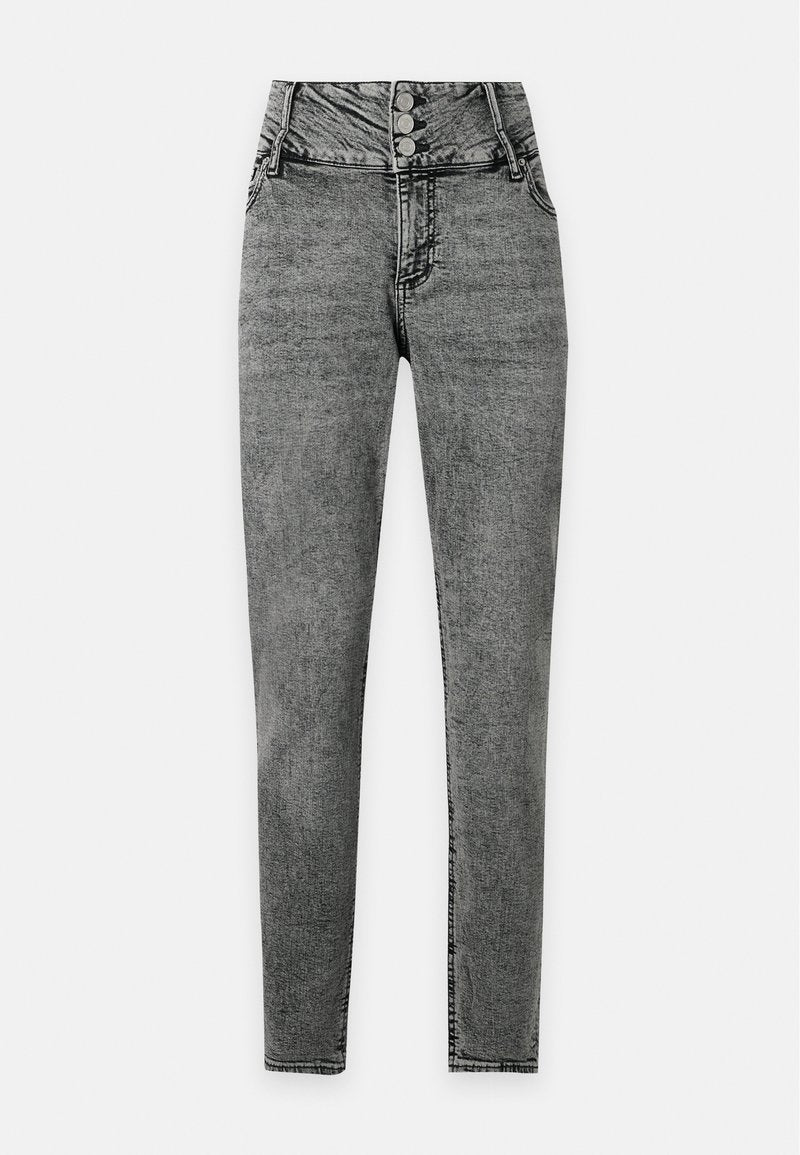 Hoch taillierte graue Skinny-Jeans mit drei Metallknöpfen am Bund und vorderen Taschen.