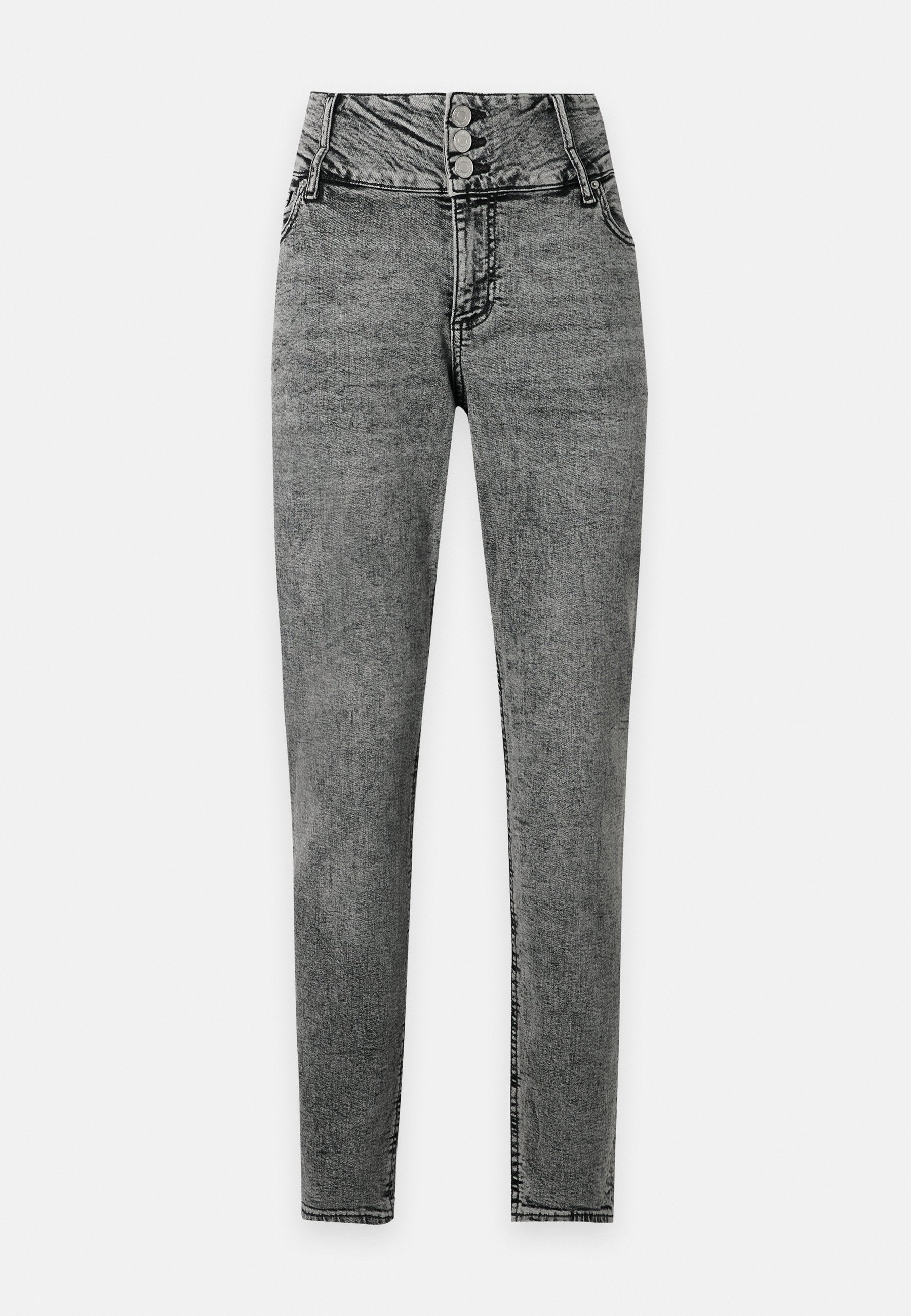 Hoch taillierte graue Skinny-Jeans mit drei Metallknöpfen am Bund und vorderen Taschen.