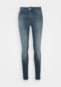 Skinny Jeans aus ausgewaschenem, dunkelblauem Denim mit hoher Taille, klassischem Fünf-Taschen-Design und ausgefranstem Saum an den Knöcheln.