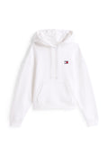 Weißer, kurzer Hoodie aus weichem Stoff. Verfügt über eine Fronttasche, eine Kapuze mit Kordelzug und ein kleines Logo-Patch auf der Brust. Reguläre Passform.