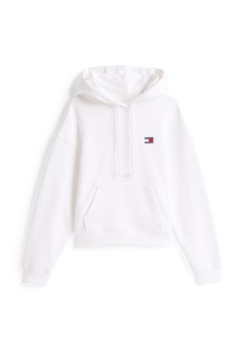 Weißer, kurzer Hoodie aus weichem Stoff. Verfügt über eine Fronttasche, eine Kapuze mit Kordelzug und ein kleines Logo-Patch auf der Brust. Reguläre Passform.