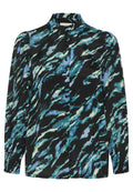 Schwarze Bluse mit einem lebhaften blauen und grünen abstrakten Muster. Hat Knöpfe auf der Vorderseite und geraffte Manschetten. Glatte Stofftextur.