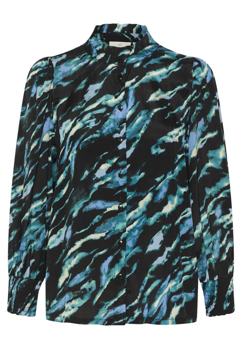 Schwarze Bluse mit einem lebhaften blauen und grünen abstrakten Muster. Hat Knöpfe auf der Vorderseite und geraffte Manschetten. Glatte Stofftextur.