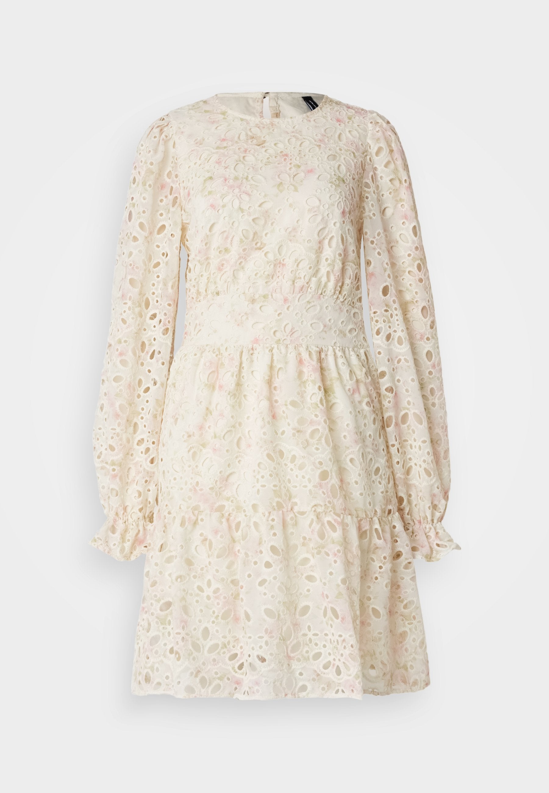 Cremfarbene Spitzenkleid mit floralen Ausschnitten, langen Puffärmeln und gestuftem Rock. Verfügt über einen runden Ausschnitt und einen Verschluss im Rücken.