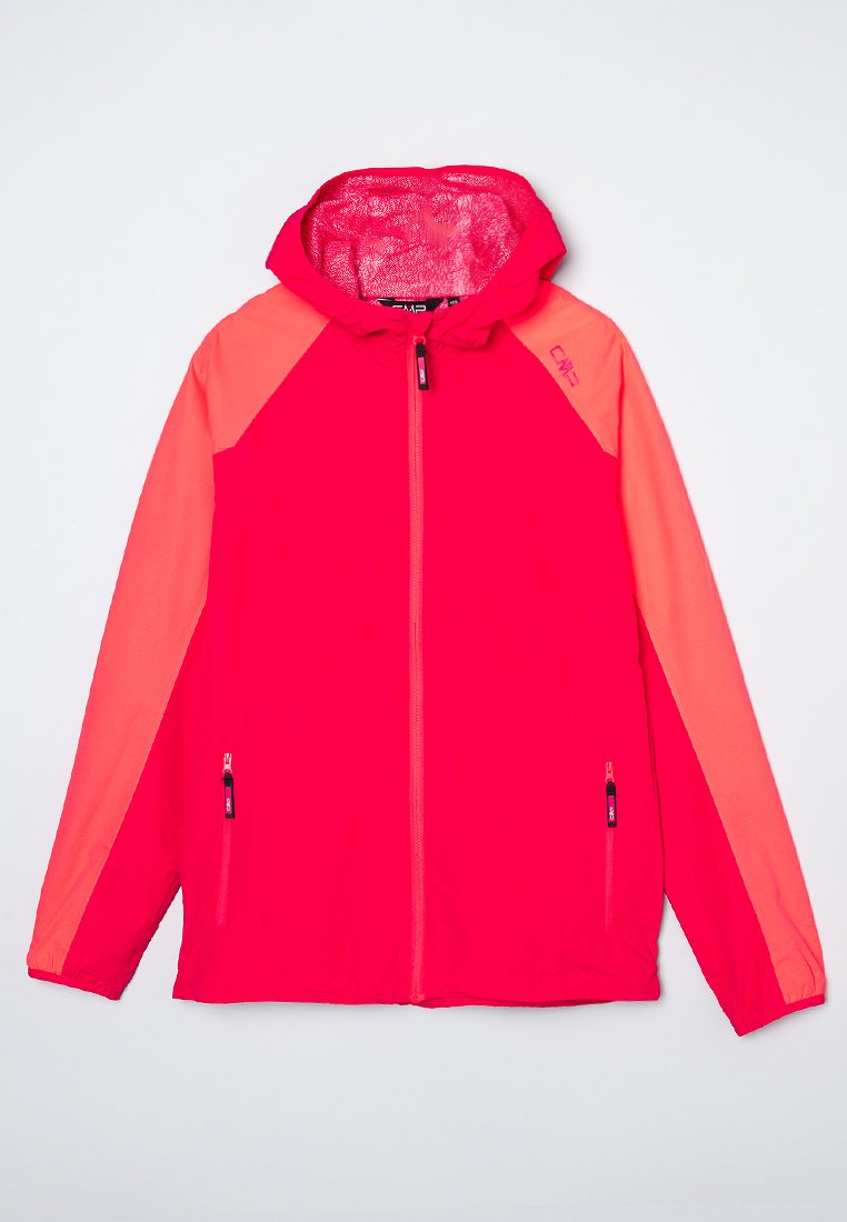 Rote und rosa leichte Jacke mit Kapuze. Verfügt über einen durchgehenden Reißverschluss und zwei seitliche Reißverschlusstaschen. Glatte Textur, sportliches Design.