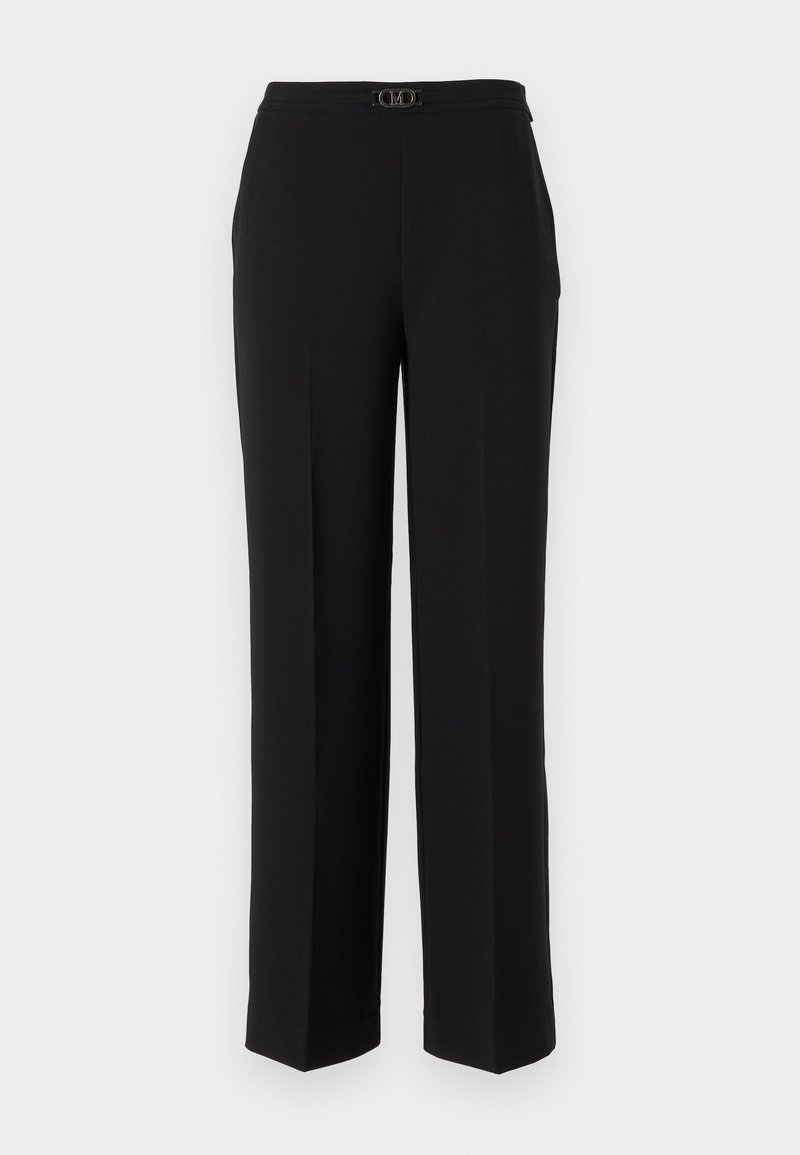 Schwarze, taillierte Hosen aus glattem Stoff, mit geradem Bein, einem Bund mit einer dekorativen silbernen Schnalle und ohne sichtbare Muster.