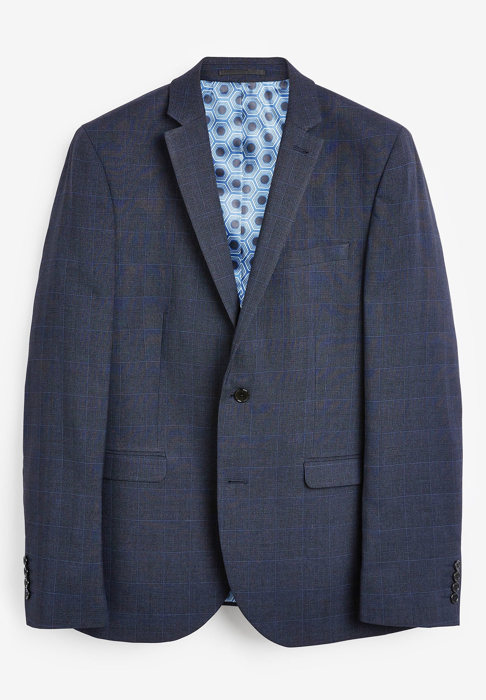 Navyblauer Blazer mit dezentem Fensterkaro-Muster, Ein-Knopf-Verschluss, Reverskragen, Klappentaschen und hexagonal gemustertem blauen Futter.
