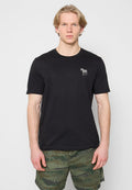 Schwarzes Baumwoll-T-Shirt mit kurzen Ärmeln, versehen mit einer kleinen weißen Zebra-Grafik auf der linken Brust. Klassisches Rundhalsausschnitt-Design.