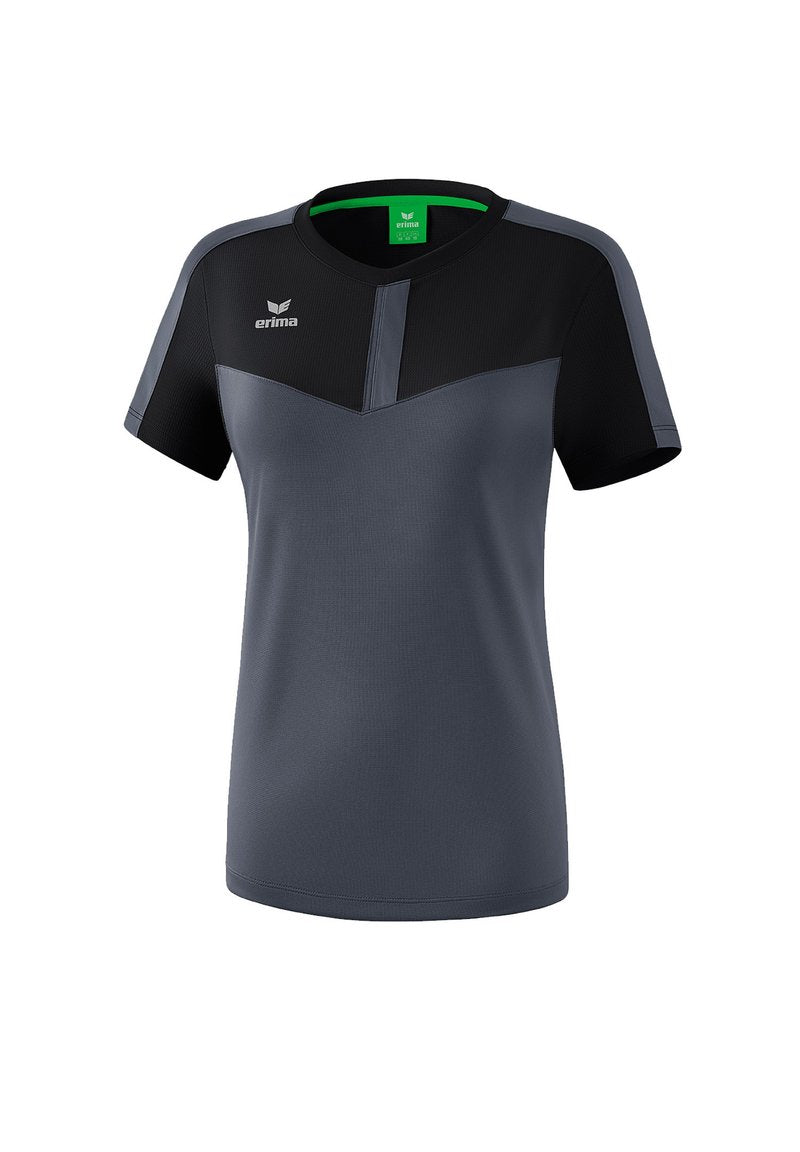 Kurzarm-Sportshirt in Dunkelgrau mit schwarzen Akzenten und V-Ausschnitt. Verfügt über einen strukturierten Stoff und ein kontrastierendes grünes Etikett innen.