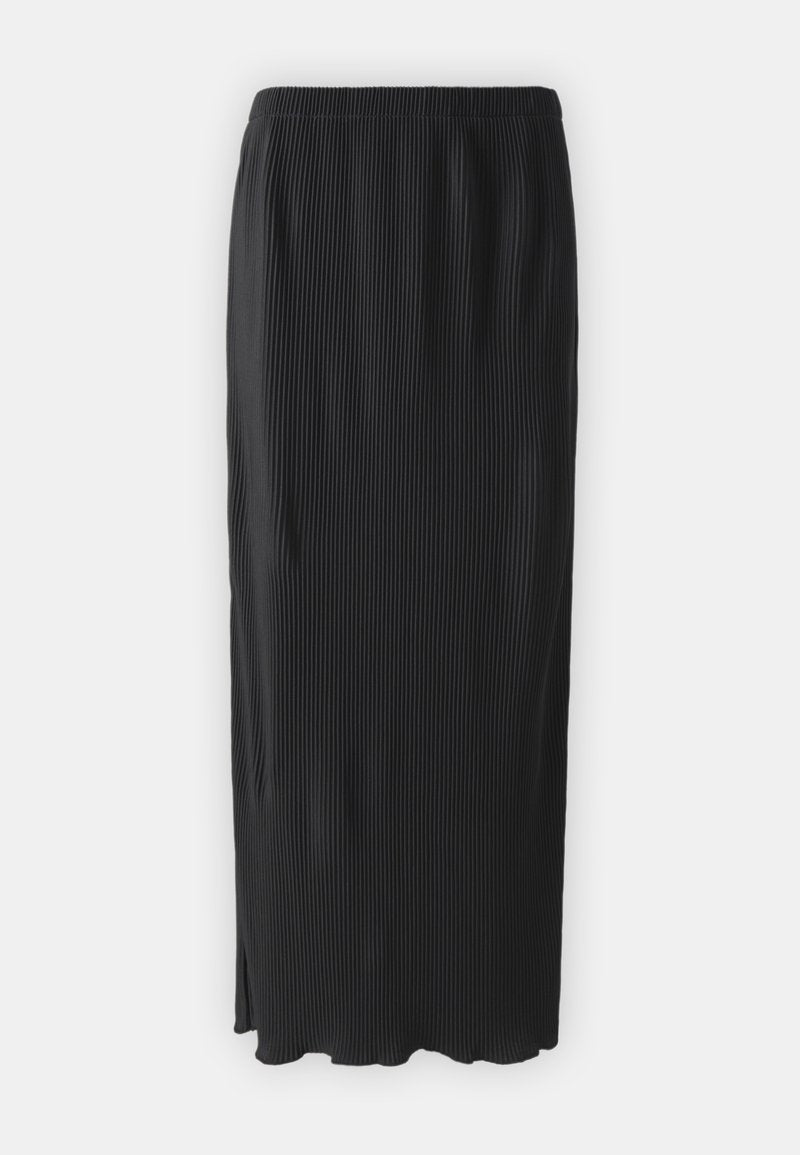 Schwarzer plissierter Rock mit einem elastischen Bund, knielang, glatte Textur und einem seitlichen Schlitz. Minimalistisches Design ohne zusätzliche Akzente.