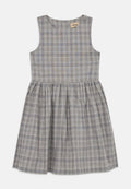 Grau karierte Kleid mit ärmellosem Design, gerafftem Rock und rundem Ausschnitt. Blaue und braune Linien bilden ein Karomuster.