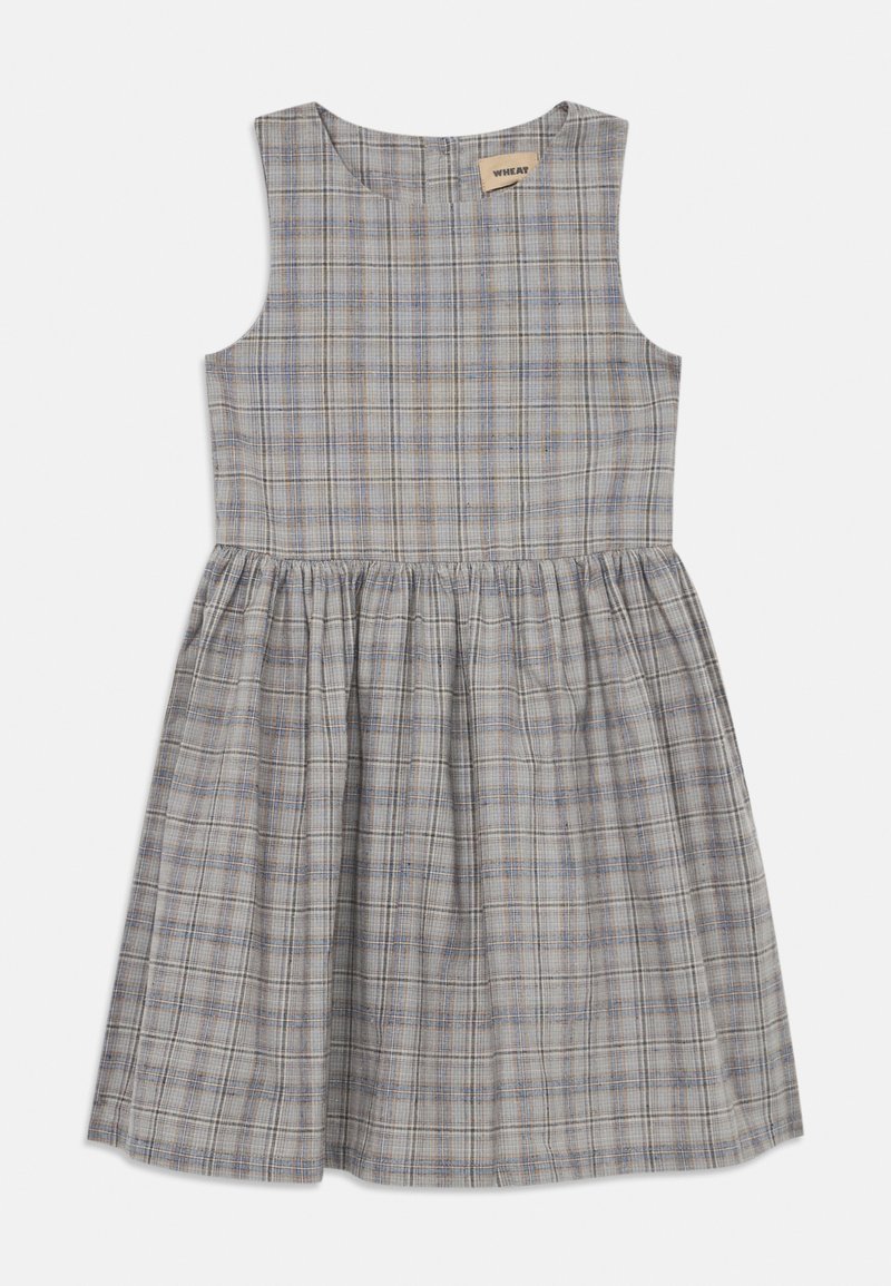 Grau karierte Kleid mit ärmellosem Design, gerafftem Rock und rundem Ausschnitt. Blaue und braune Linien bilden ein Karomuster.