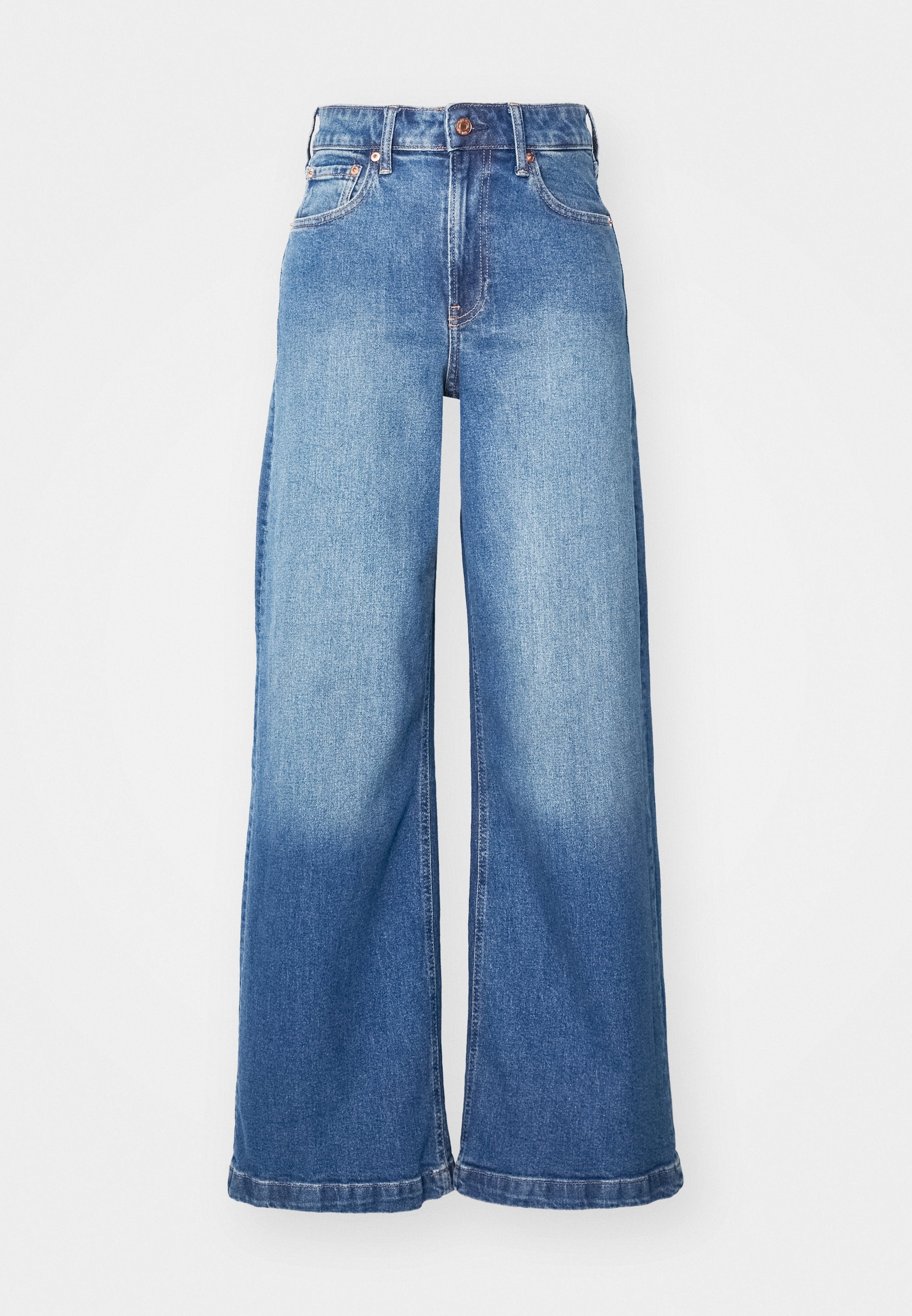 Hochgeschnittene, weit geschnittene Jeans aus blauen Denim mit vorderem Knopf, Reißverschluss und klassischem Fünf-Taschen-Design.