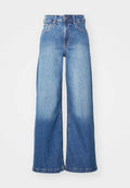 Hochgeschnittene, weit geschnittene Jeans aus blauen Denim mit vorderem Knopf, Reißverschluss und klassischem Fünf-Taschen-Design.