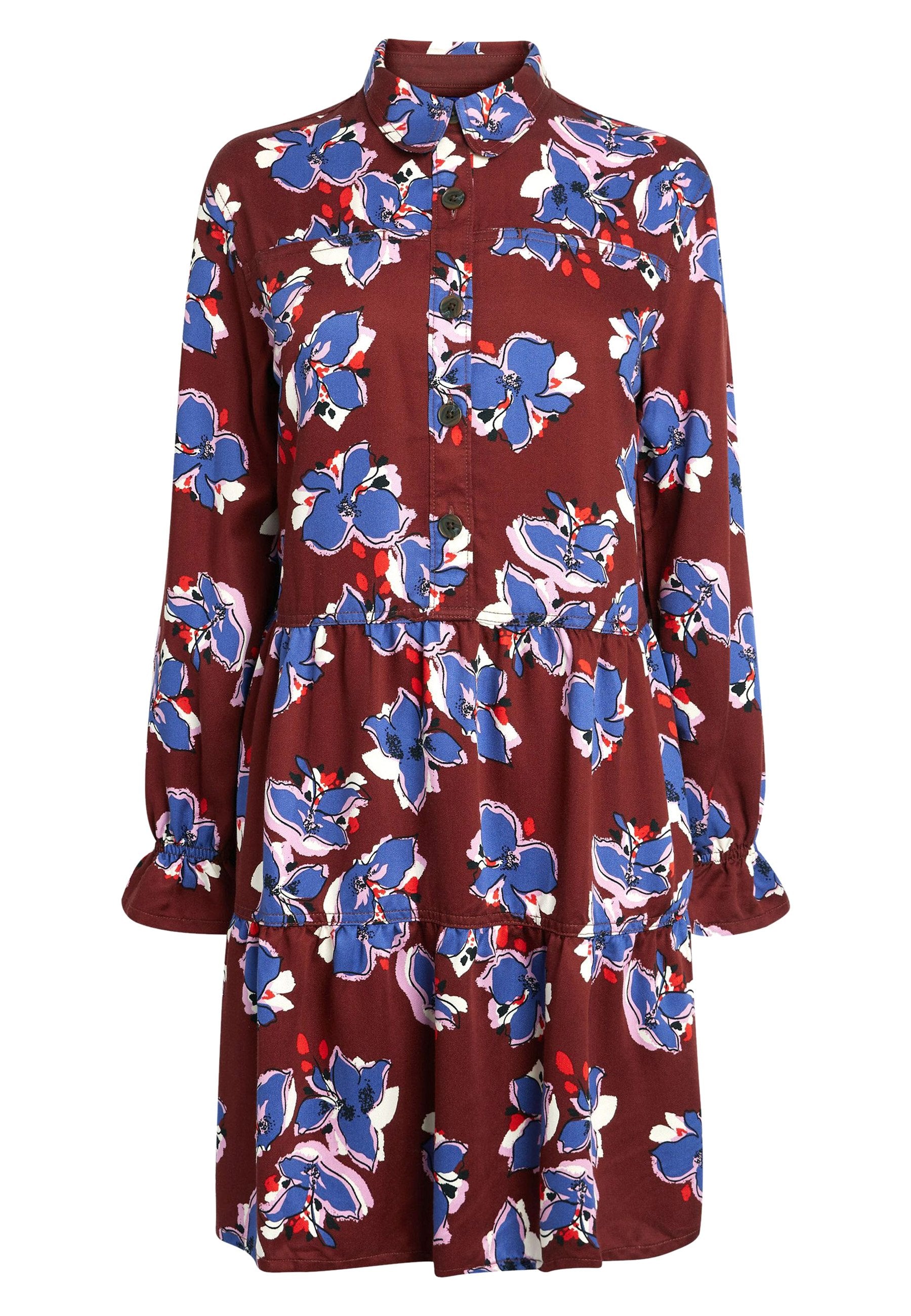 Langärmliges weinrotes Kleid mit gestuftem Rock, Kragen, Knopfverschluss und großem blauen, weißen und roten Blumenmuster.