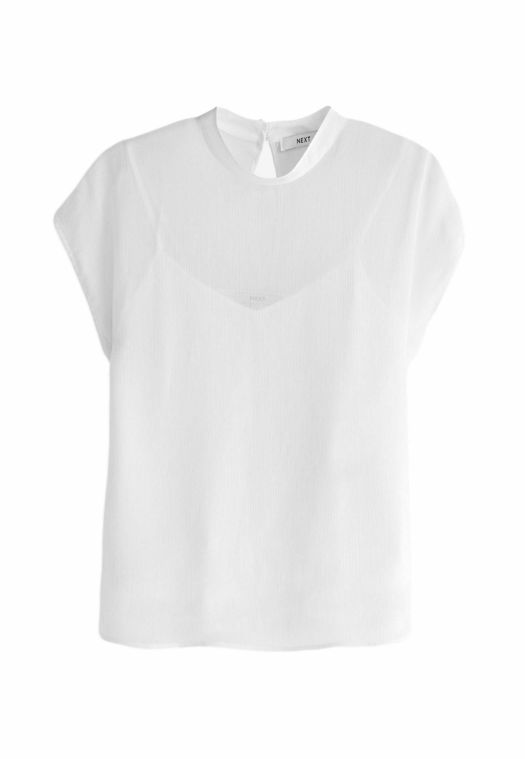 Weiße kurzärmelige Bluse mit rundem Ausschnitt und einem Schlüssellochverschluss im Rücken. Hergestellt aus leichtem Stoff mit einer subtilen, strukturierten Oberfläche.