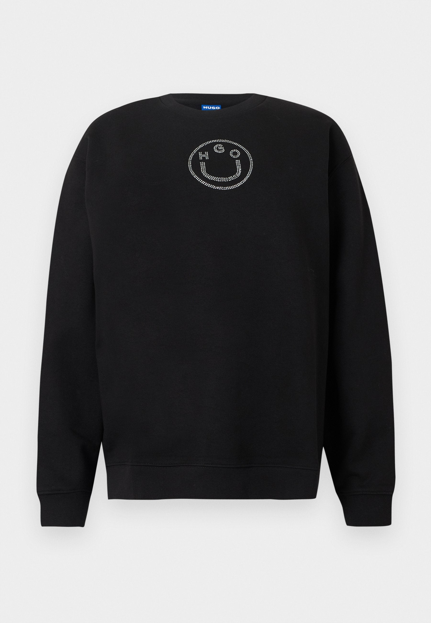 Schwarzer Sweatshirt aus Baumwollmischung mit Rundhalsausschnitt, langen Ärmeln und einem Logo mit einem Smiley-Gesicht aus Strasssteinen auf der Brust.