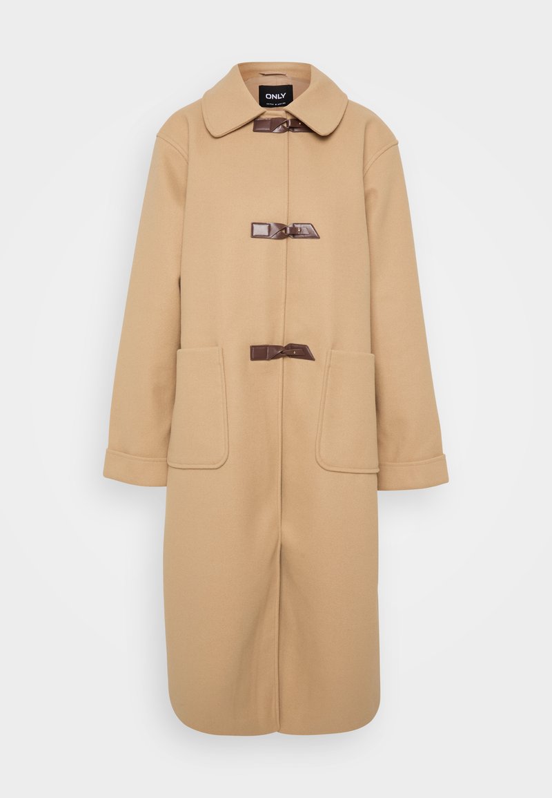 Beige Wollmantel mit einem runden Kragen, langen Ärmeln und zwei vorderen Taschen. Mit drei dunklen braunen Knebelverschlüssen geschlossen.