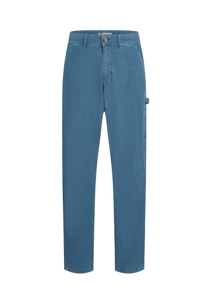 Helle blaue Jeanshose aus Denim mit geradem Beinschnitt, ausgestattet mit einem frontalen Knopfverschluss und einer Seiten Tasche. Angenehme Textur, lässiger Stil.