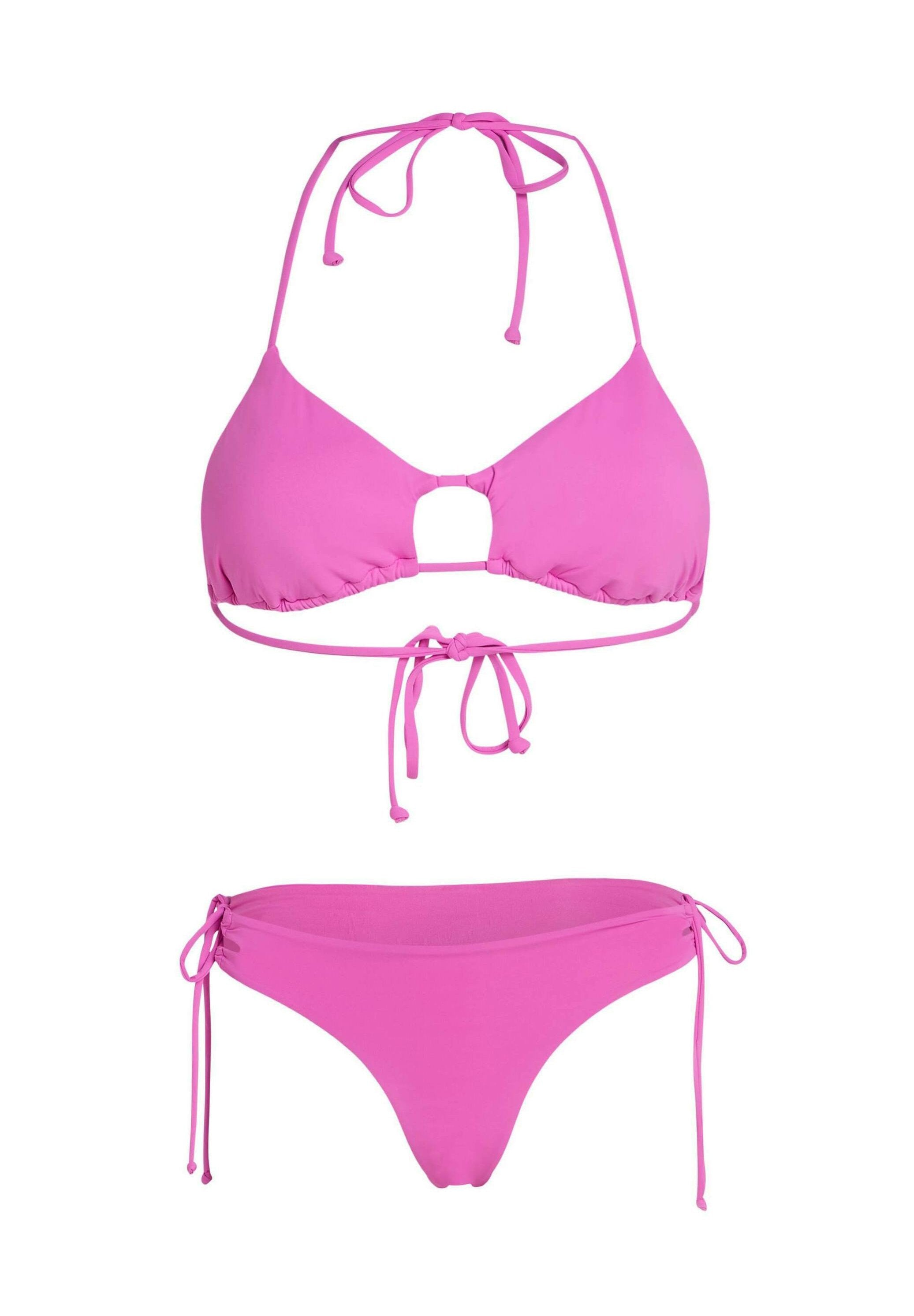 Pinkes Bikini-Set mit einem dreieckigen Oberteil, das eine zentrale Aussparung in Schlüssellochform und verstellbare Bindeträger aufweist, sowie einem passenden Bikinihöschen mit seitlichen Bindebändern.
