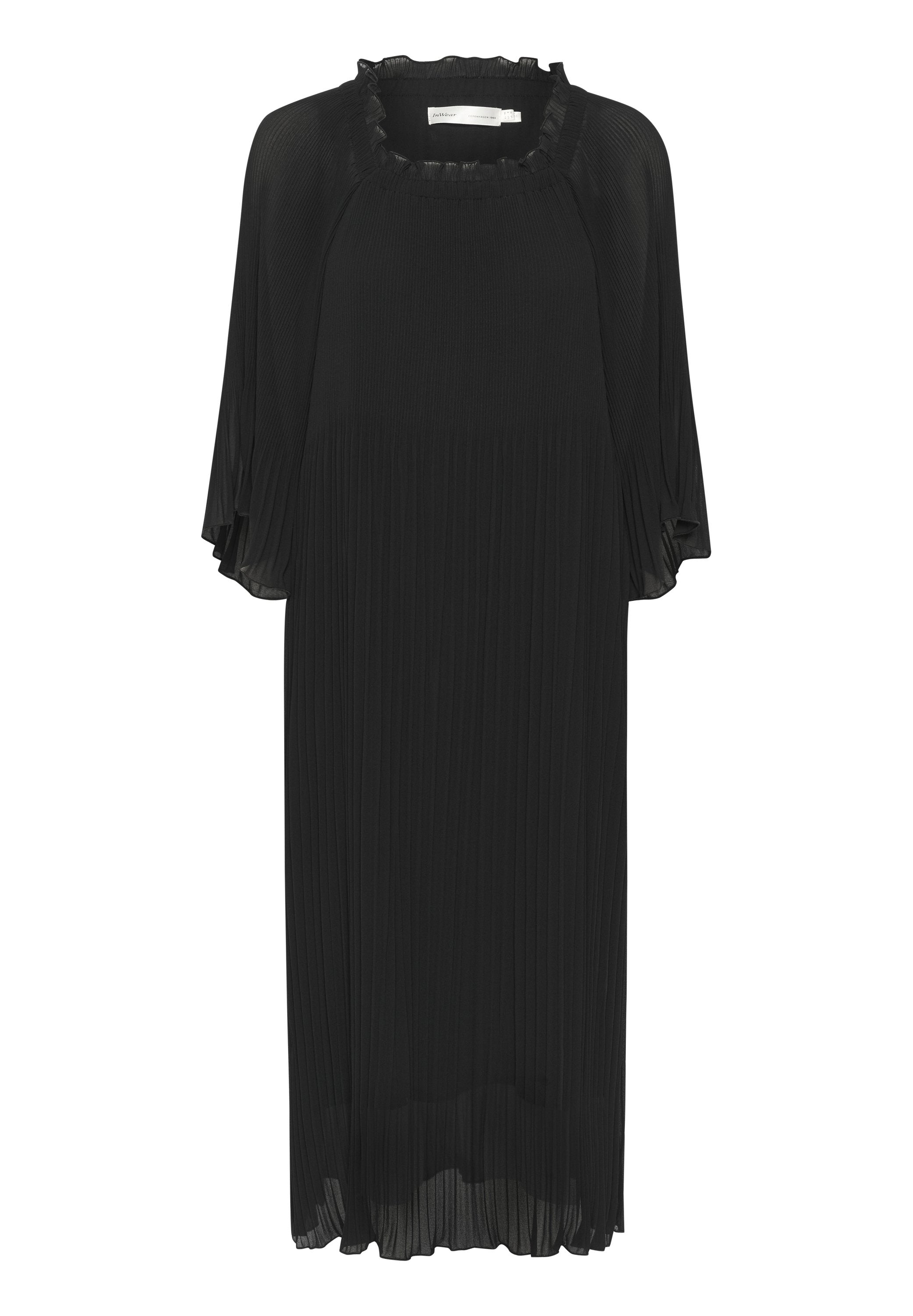 Schwarzes plissiertes Midi-Kleid mit rüschiertem quadratischen Ausschnitt und lockeren Dreiviertelärmeln.