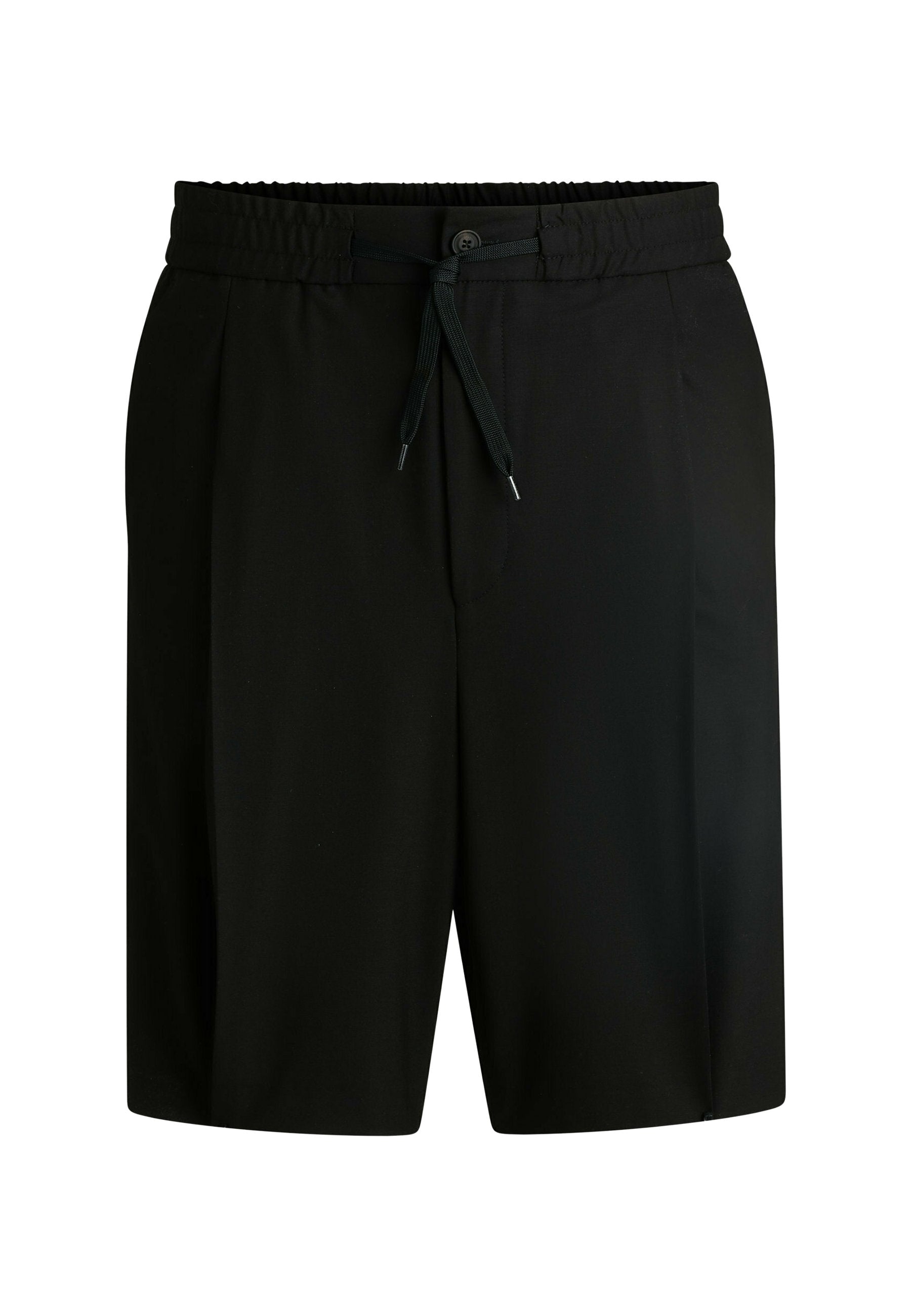 Schwarze Shorts mit elastischem Bund, Kordelzug und Knopfverschluss. Glattes Material mit Seitentaschen und einer lockeren, entspannten Passform.
