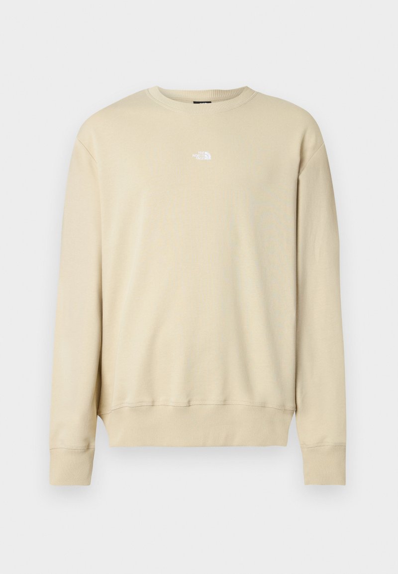Beige Sweatshirt mit langen Ärmeln, gerippten Bündchen und rundem Ausschnitt. Mit kleinem weißem Logo auf der Brust. Weiche Textur.