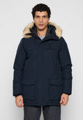 Marineblauer Parka mit pelzgefütterter Kapuze, Frontreißverschluss und Knopfverschlüssen. Verfügt über zwei große Klappentaschen und eine lockere Passform.