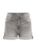 Graue Denim-Shorts mit hoher Taille, gerollten Säumen und Fronttaschen. Besitzen ein dezentes, ausgeblichenes Muster und einen Metallknopfverschluss.