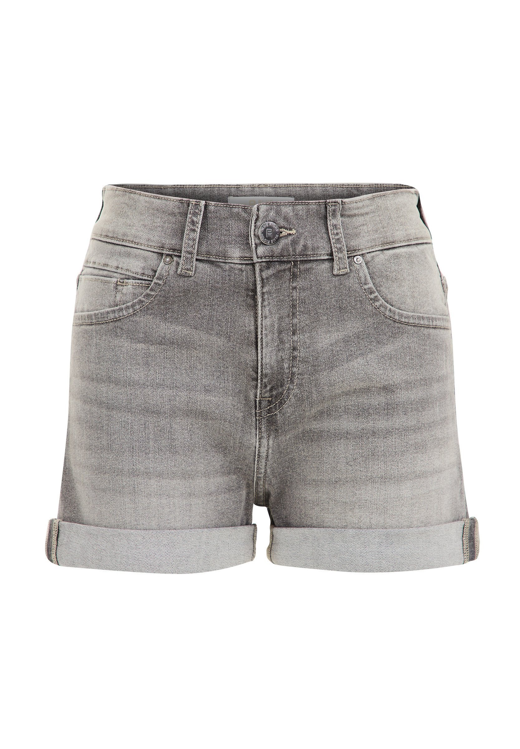 Graue Denim-Shorts mit hoher Taille, gerollten Säumen und Fronttaschen. Besitzen ein dezentes, ausgeblichenes Muster und einen Metallknopfverschluss.