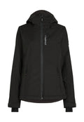 Schwarze Isolierjacke mit Kapuze, ausgestattet mit einem Frontreißverschluss, zwei Seitentaschen, verstellbaren Bündchen und einem Logo auf der Brust. Glatte Textur.